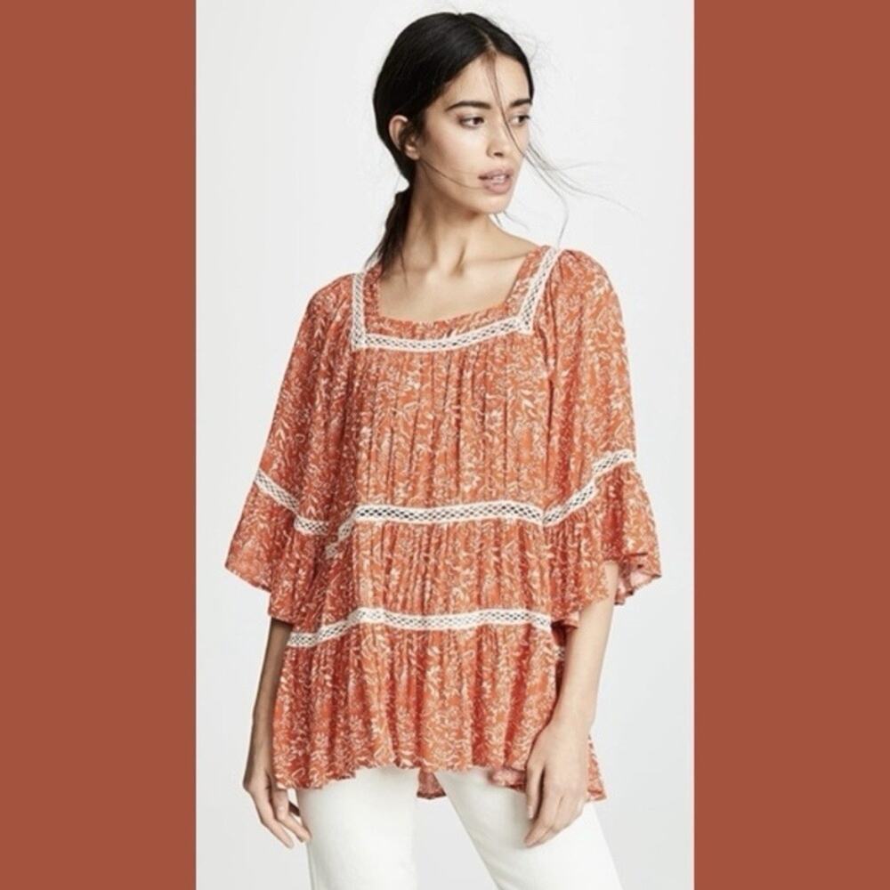 Free People Floral Peasant Tunic Top L Orange Talk About It Crochet Trim Boho